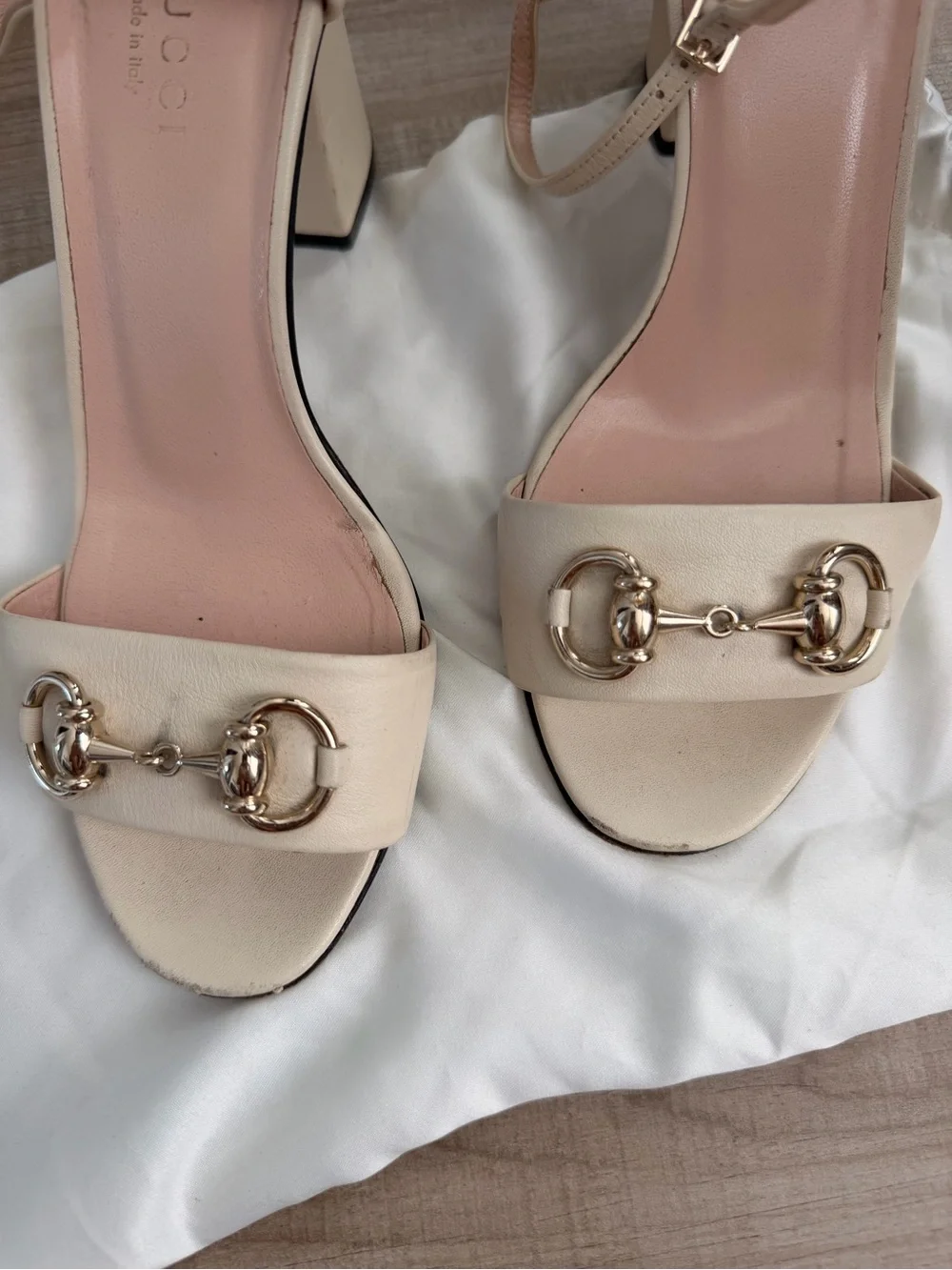 Gucci Cream Leather Horsebit Ankle-Strap Heels